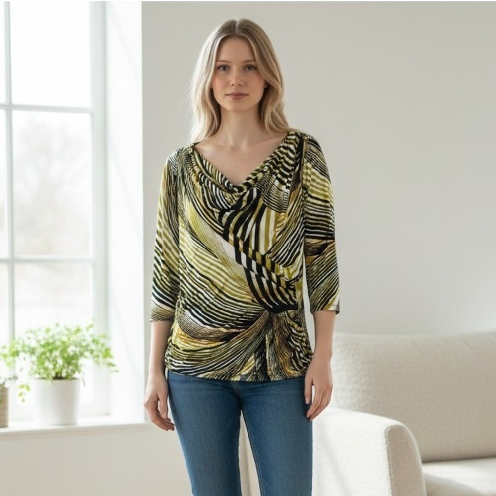 Worthington Petite Stretch Cowl Neck Abstract Print Top Green Black PL